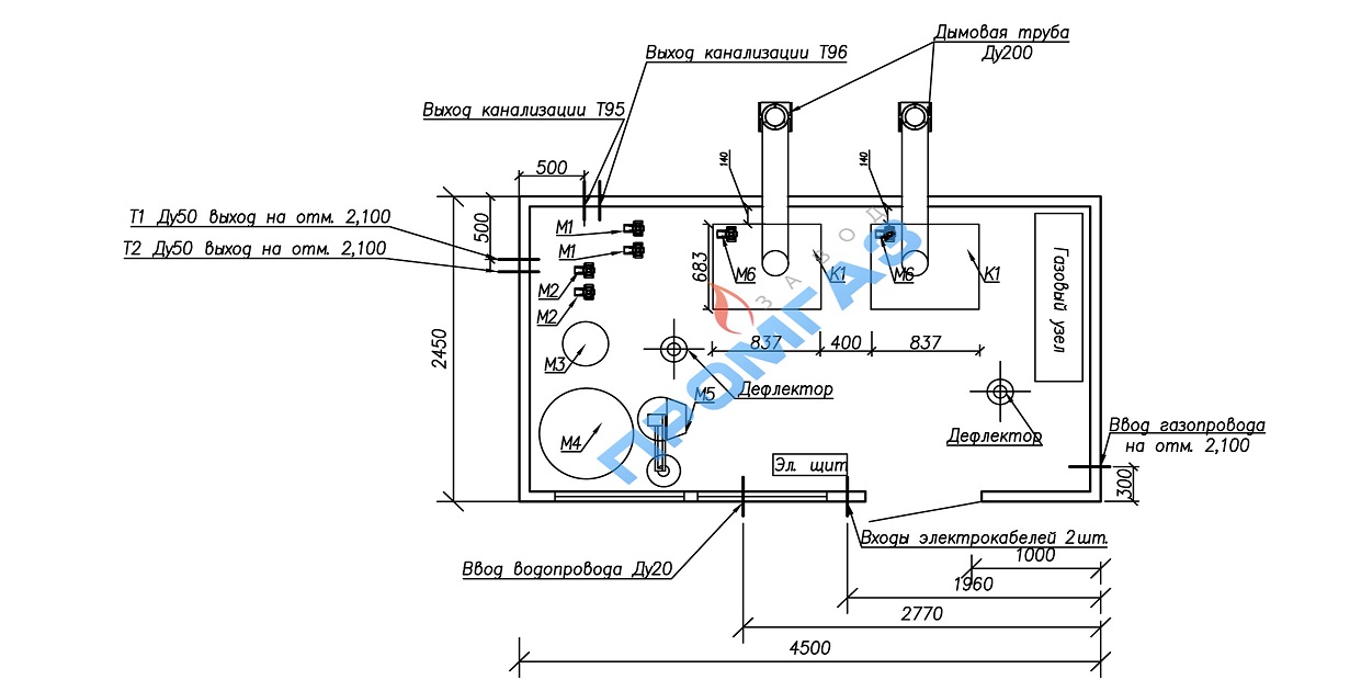 Схема расположения оборудования ТКУ-50 с атмосферной горелкой